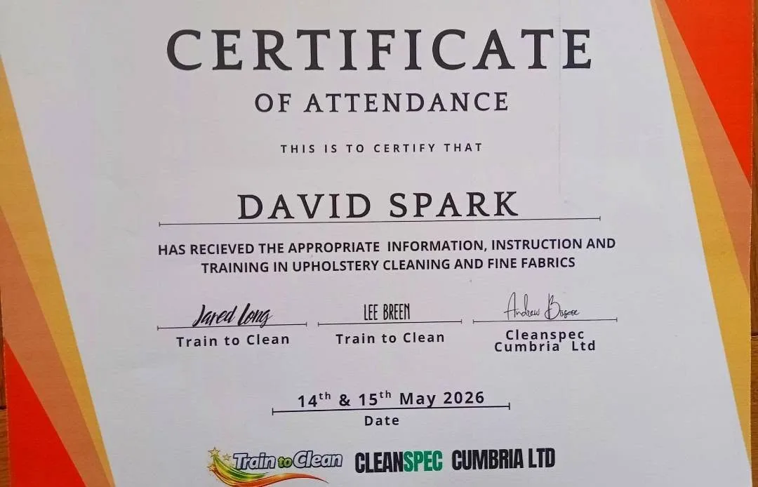 Certificate of attendance: Upholstery Cleaning and Fine Fabrics, 14–15 May 2026